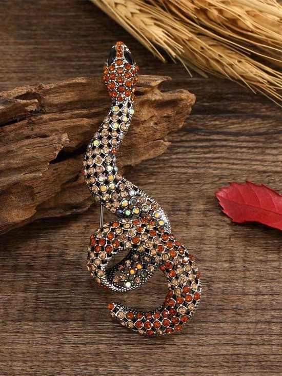 Jewelry - Vintage Style Crystal Snake Brooch Pin – Amber Rhinestone Serpent Brooch.